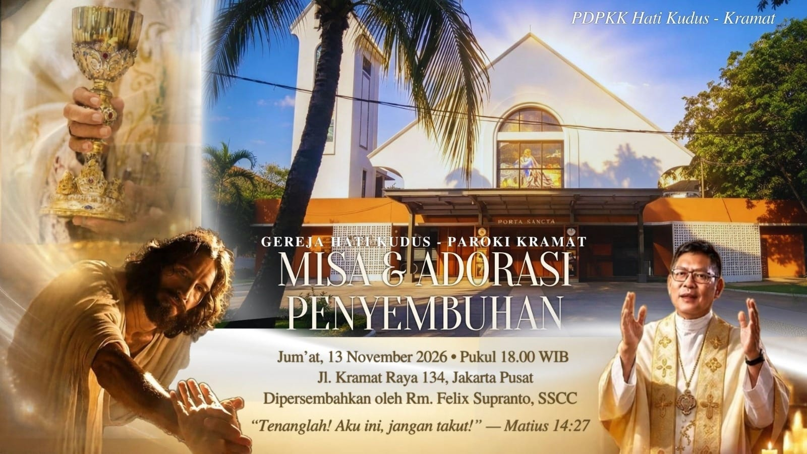 Poster Misa & Adorasi Penyembuhan — Gereja Hati Kudus Paroki Kramat, Jumat 13 November 2026 pukul 18.00 WIB